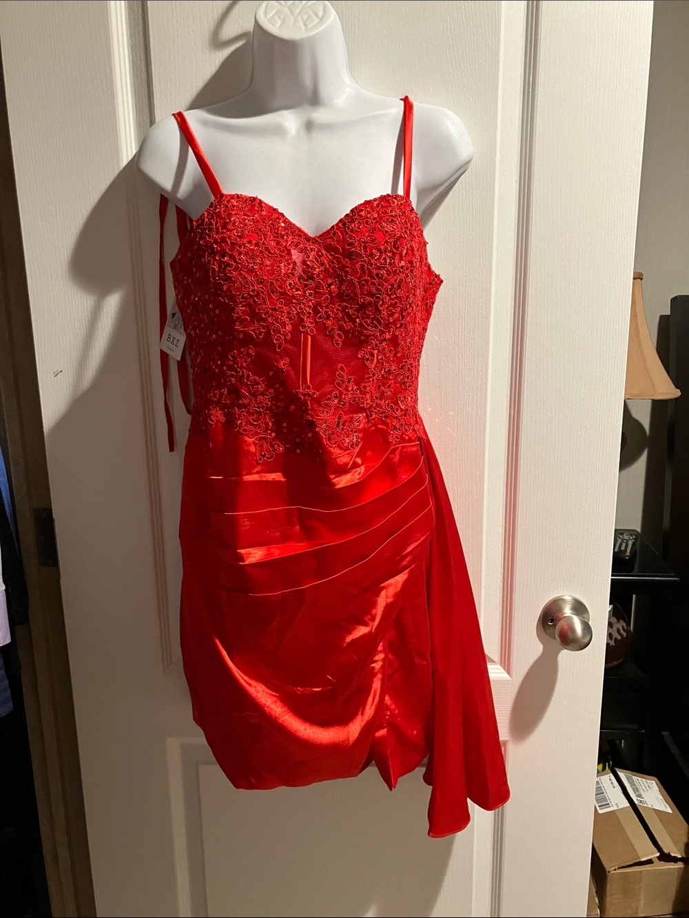 Red Lace Bodice Satin Mini Dress